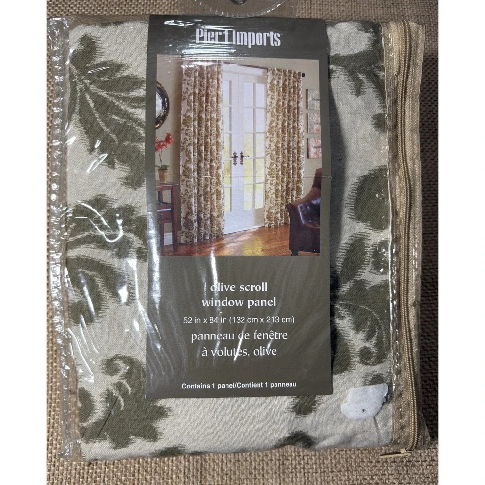 Pier 1 Olive Scroll Curtain Set Panel Curtain Linen Blend 52x84 Ikat Floral Boho